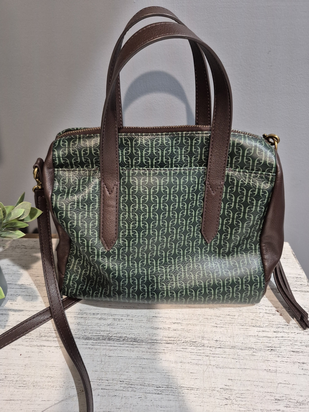 Fossil Sydney Satchel Women's Crossbody Handbag with Forest Green Brown Leather